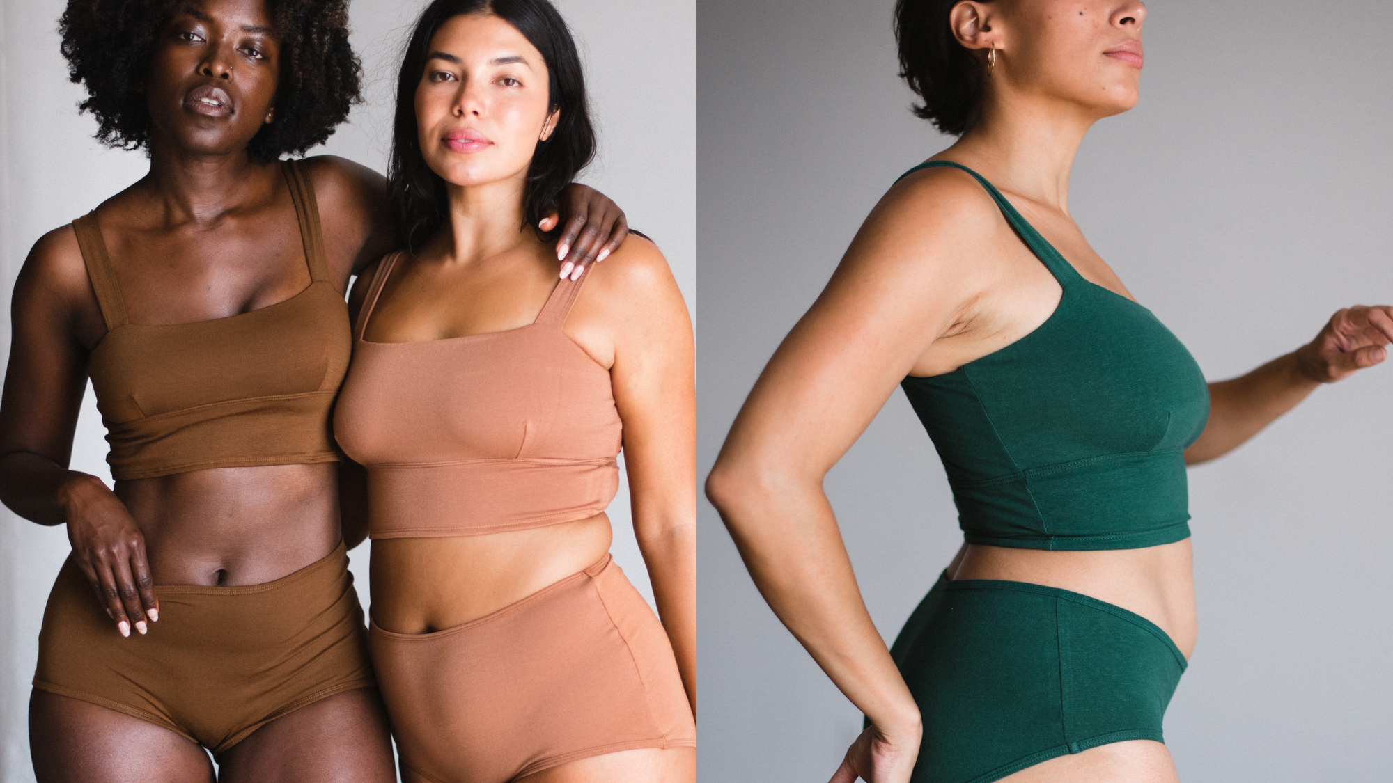 PROCLAIM ORGANIC COTTON BRALETTE AND BRIEFS IN BROWN, NUDE AND LAGOON DARK GREEN