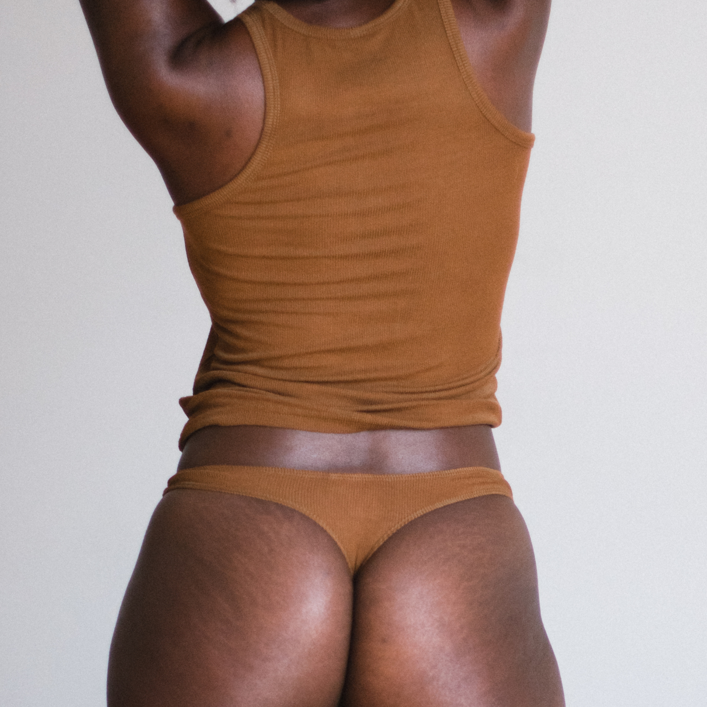 ella nude brown ribbed tencel thong back view