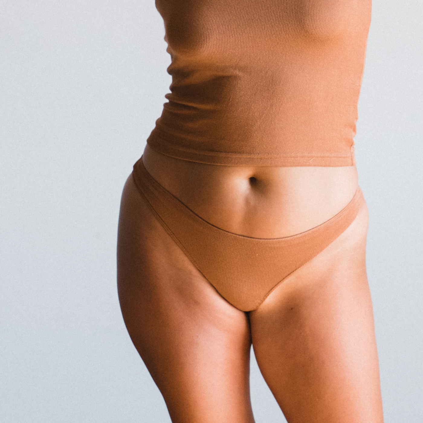 maya caramel brown ribbed tencel thong front view