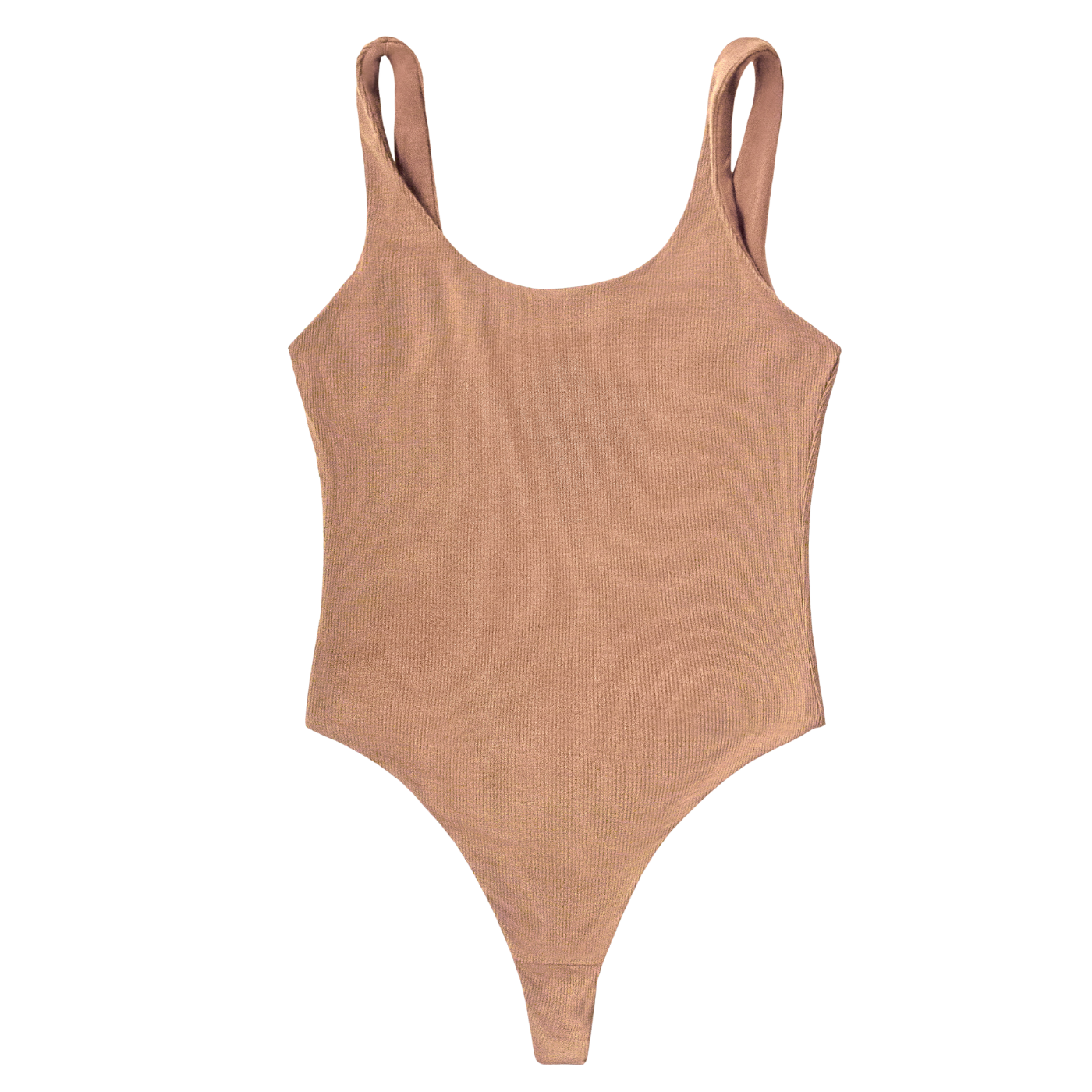 Maya nude, a caramel medium nude, bodysuit flat lay. scoop neck with thong bottom.
