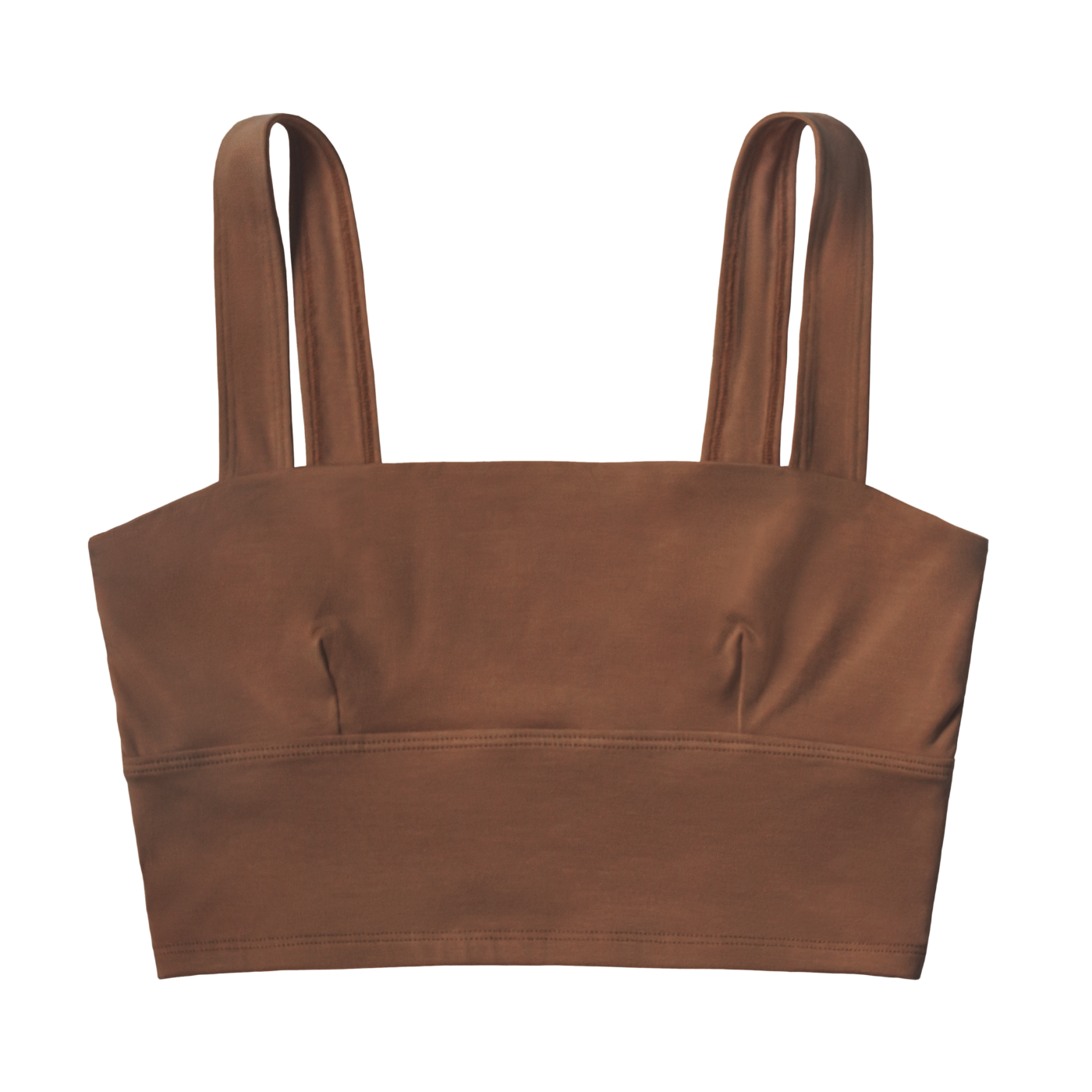 ella nude, a chocolate brown tone, in the square neck bralette, longline bra design. flat lay image.