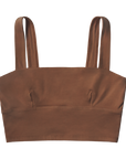 ella nude, a chocolate brown tone, in the square neck bralette, longline bra design. flat lay image.