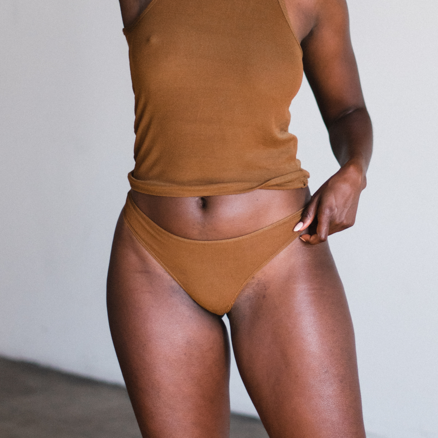 ella nude brown ribbed tencel thong front view
